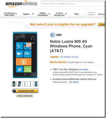 Nokia Lumia 900 out of stock on Amazon Wireless